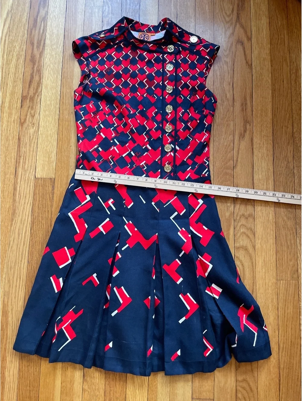 Tory Burch Truman Silk Dress Red Navy Geometric Pleated Size 2